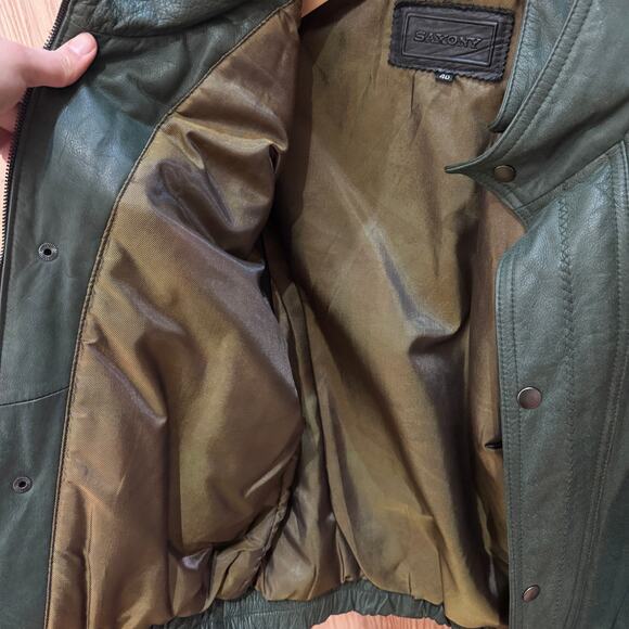 Vintage 1990s Saxony Leather Jacket Bomber Green Rare Men's Large Excellent - Picture 4 of 4